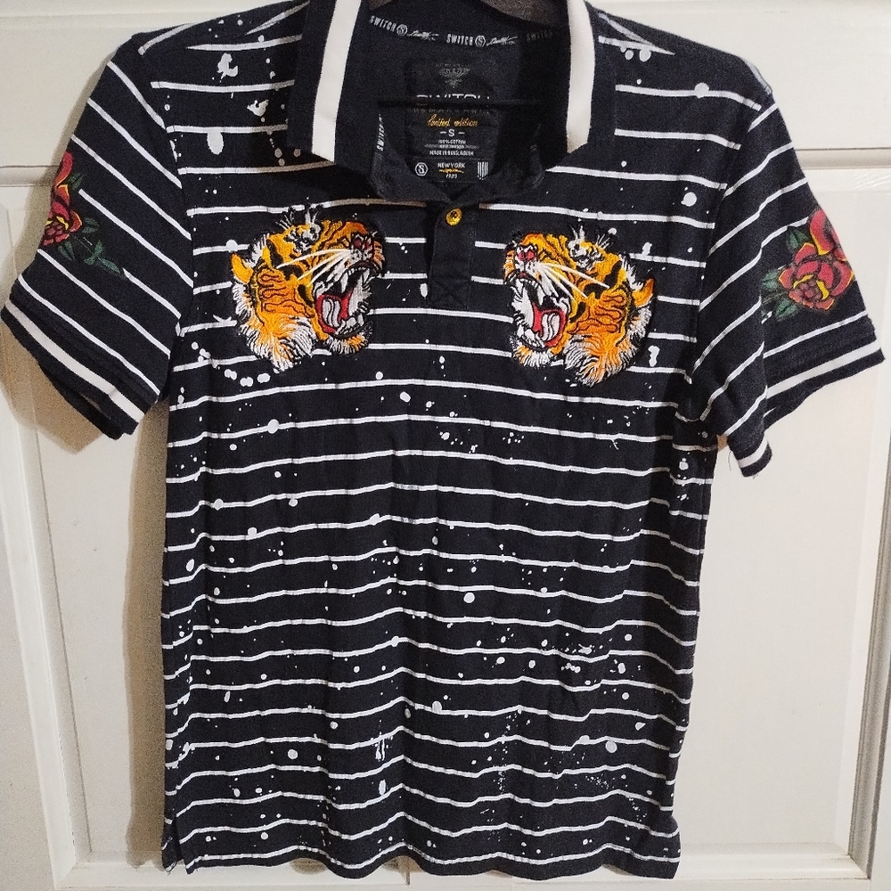 Switch Limited Edition Polo Shirt  Striped Tiger Embroidery ed hardy like